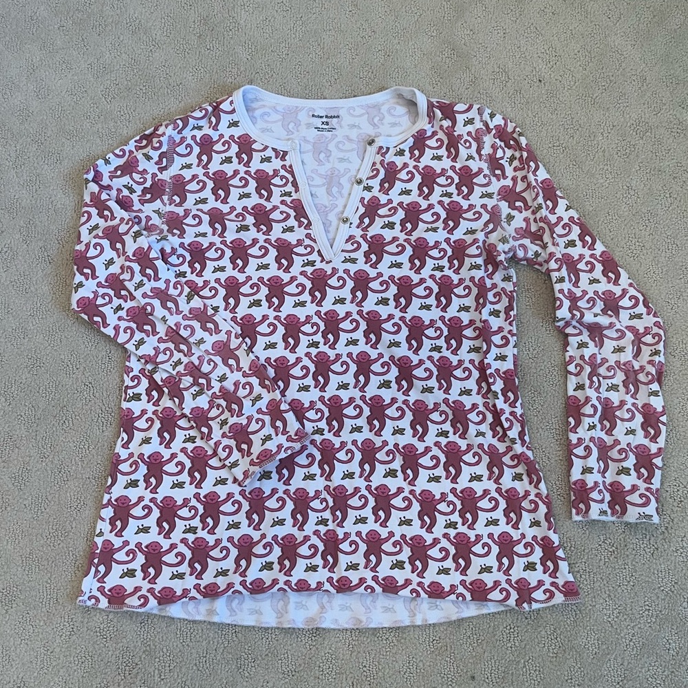 Roller Rabbit Pink and White Monkey Print Top